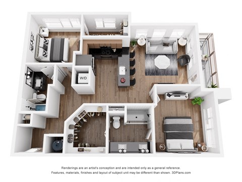 Floor plan for 2 beds, 2 baths, 1107 sqft